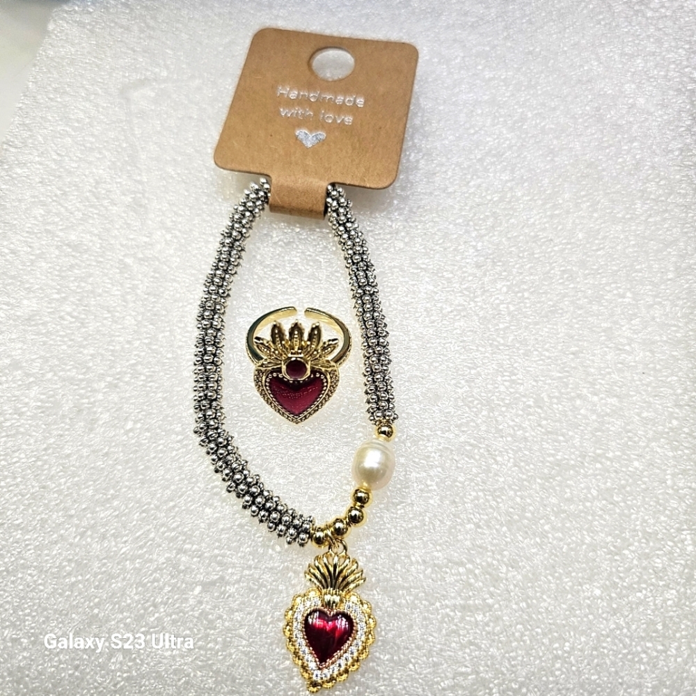 Elegant Silver and Gold Heart and arrow  Bracelet and Adjustable ring